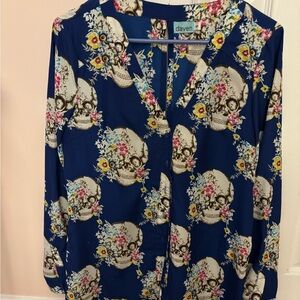 Navy Floral Skull Button-Front Blouse